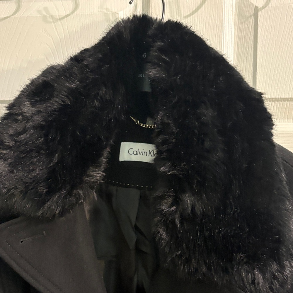 Calvin Klein Black Trench Coat with Faux Fur Collar - Picture 4 of 5